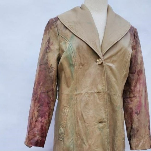 Vintage leather long trench jacket Coat gray beige tan brown 6 8 10 medium camo - Picture 6 of 13